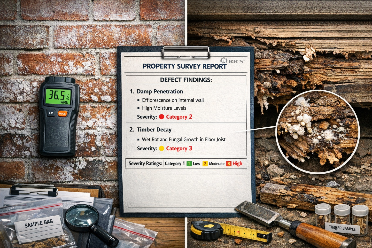 () close-up technical composition showing common property defects found in affordability-challenged East Anglia homes.