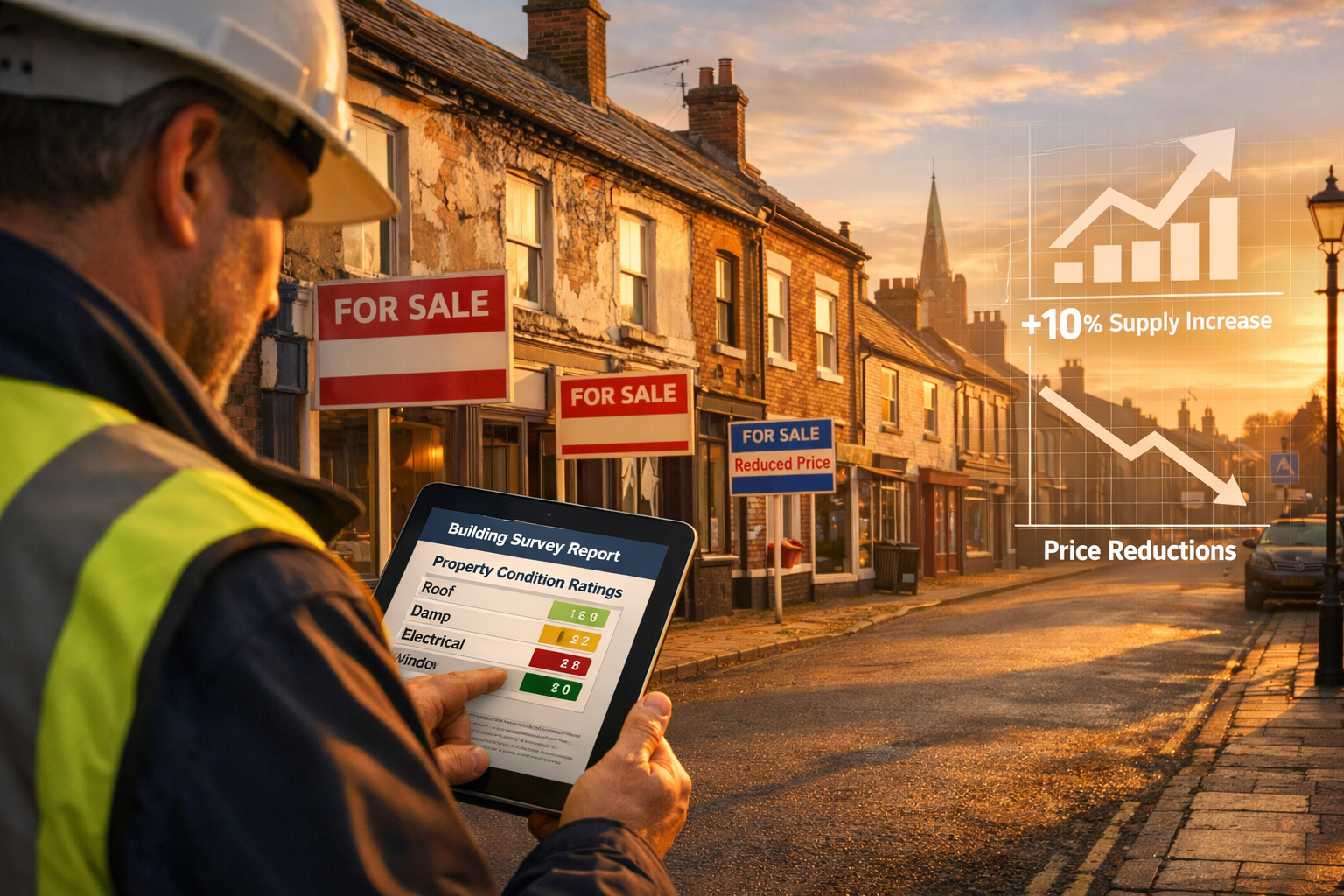 () wide-angle scene of East Anglia market town high street showing row of period properties with 'For Sale' signs,