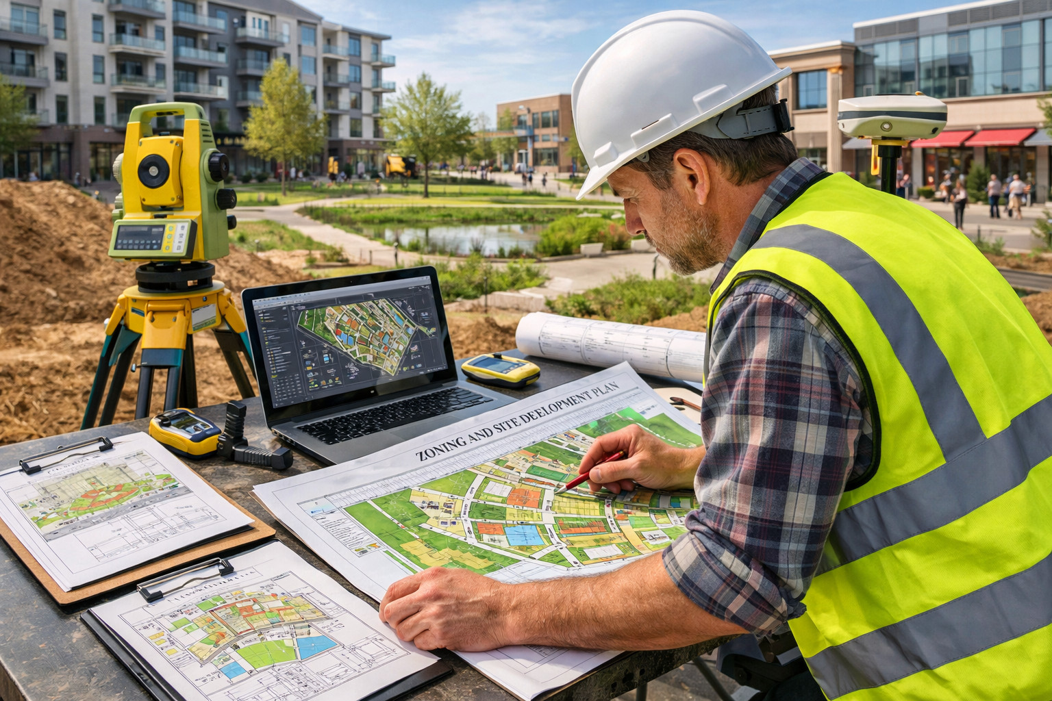 Detailed landscape image (1536x1024) showing town planning surveyor professional in high-visibility vest examining large-scale development p