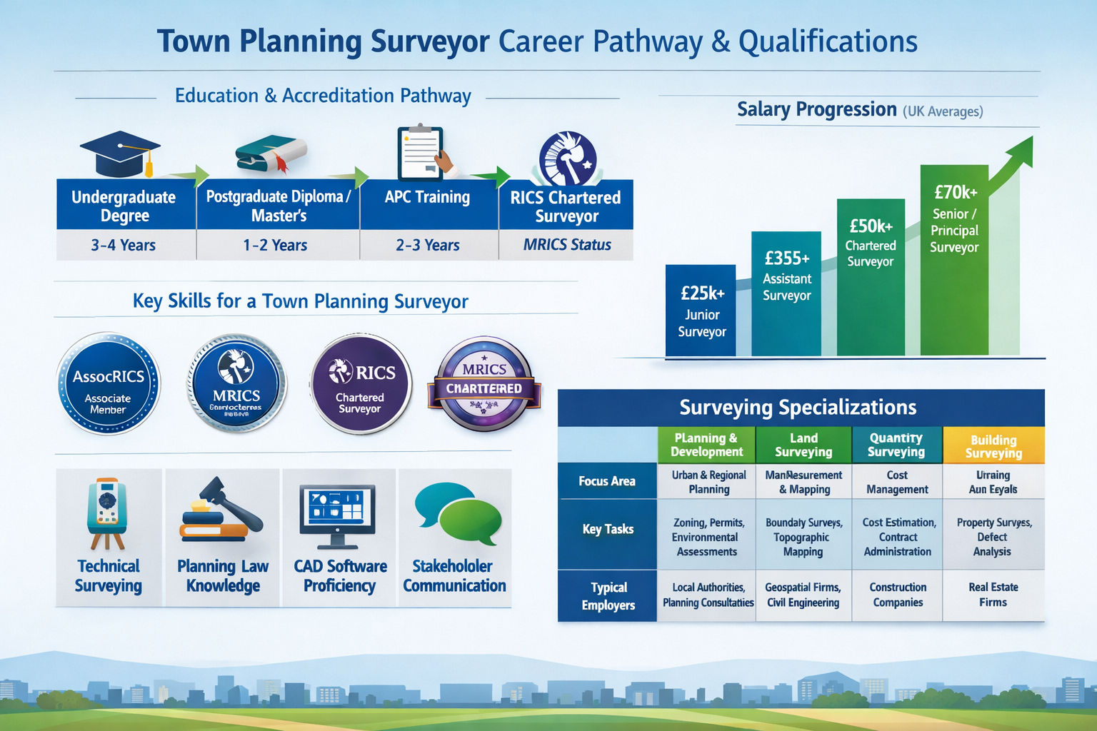 Comprehensive landscape infographic (1536x1024) displaying town planning surveyor career pathway and qualifications, featuring educational t