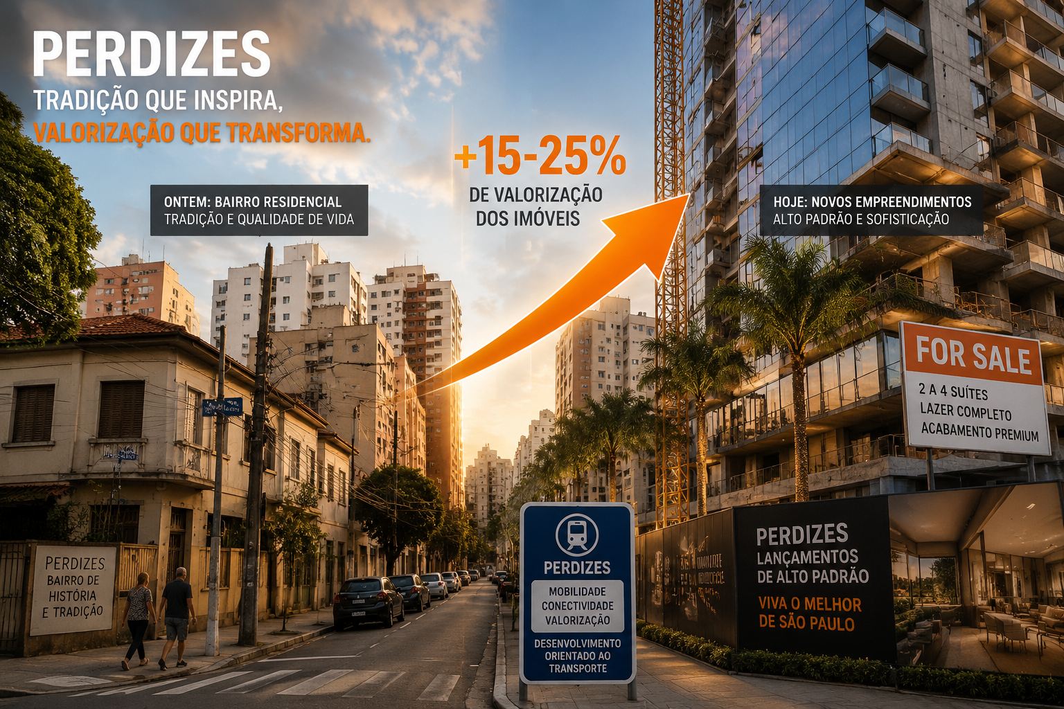 Wide-angle street-level () showing Perdizes neighborhood gentrification transformation: split-screen composition with left