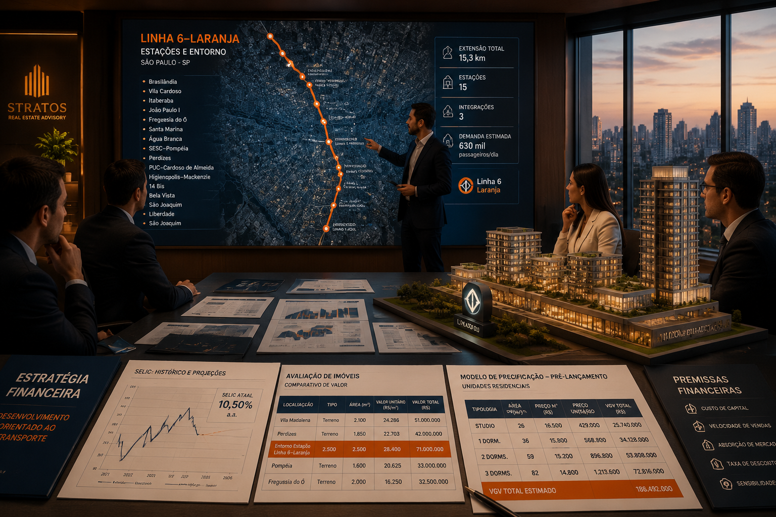 Financial strategy () showing developer boardroom scene with São Paulo city map projected on large screen highlighting Linha