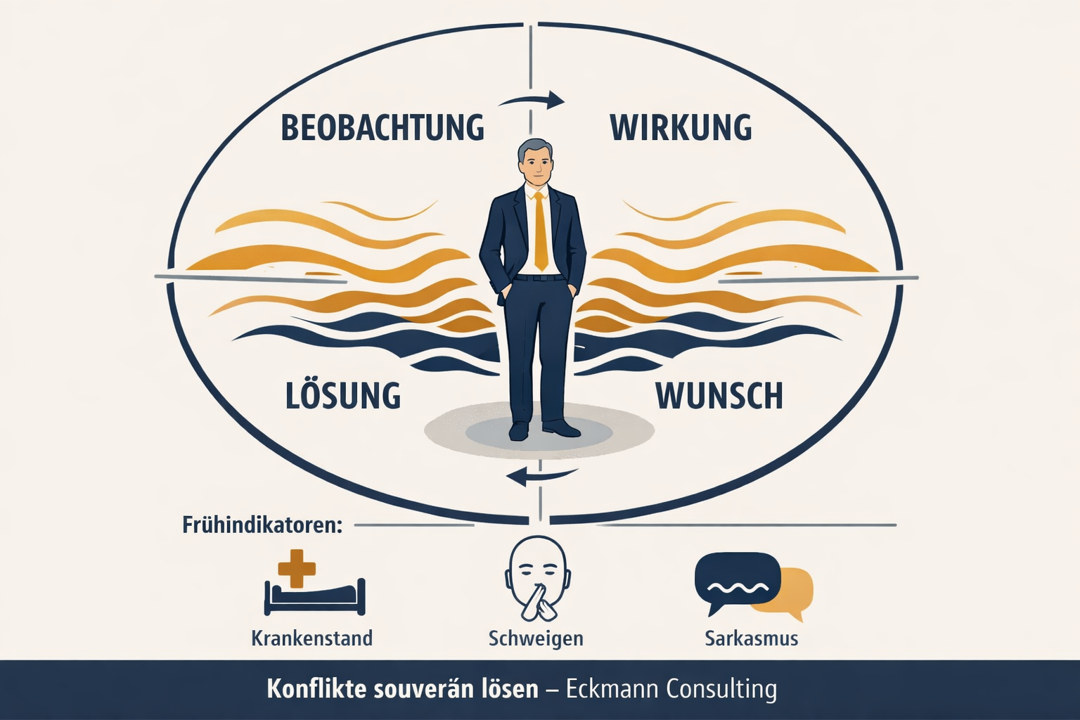 A dynamic infographic-style illustration showing a German leadership conflict resolution framework: a circular diagram with