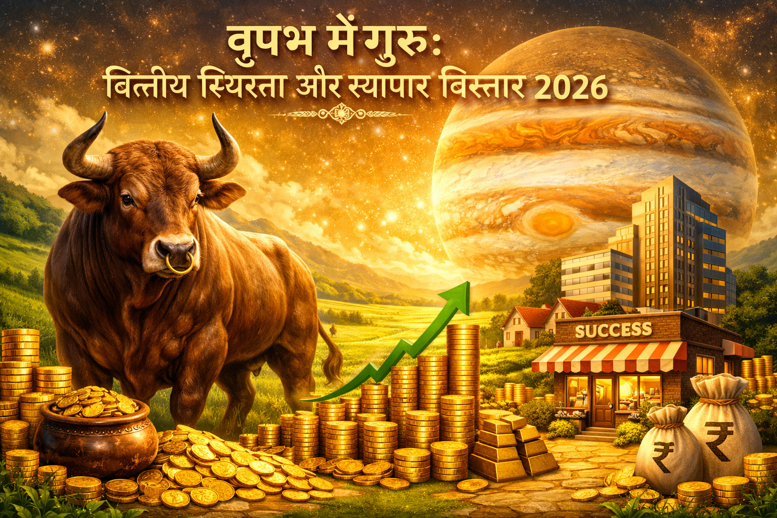 एक विस्तृत लैंडस्केप फ़ॉर्मेट (1536x1024) इमेज जिसमें 2026 में गुरु के वृषभ राशि में गोचर का चित्रण हो, जिसमें एक मजबूत, स्थिर बैल की छवि सु