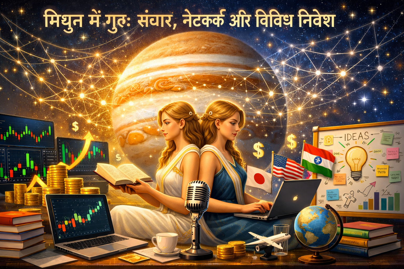 एक विस्तृत लैंडस्केप फ़ॉर्मेट (1536x1024) इमेज जिसमें 2026 में गुरु के मिथुन राशि में गोचर का चित्रण हो, जिसमें दो जुड़वां आकृतियाँ ज्ञान और