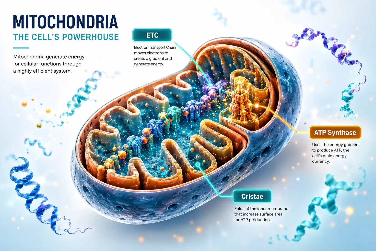 Bright editorial infographic-style landscape (): a vivid cross-section diagram of a mitochondrion with clearly labeled short