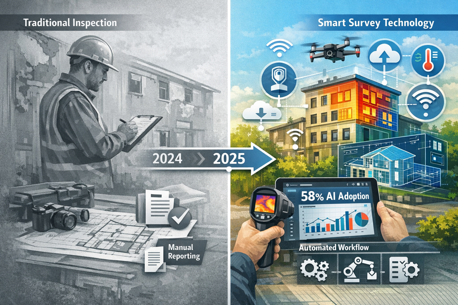 () detailed infographic showing the evolution of building survey technology from 2024 to 2026, split-screen composition with