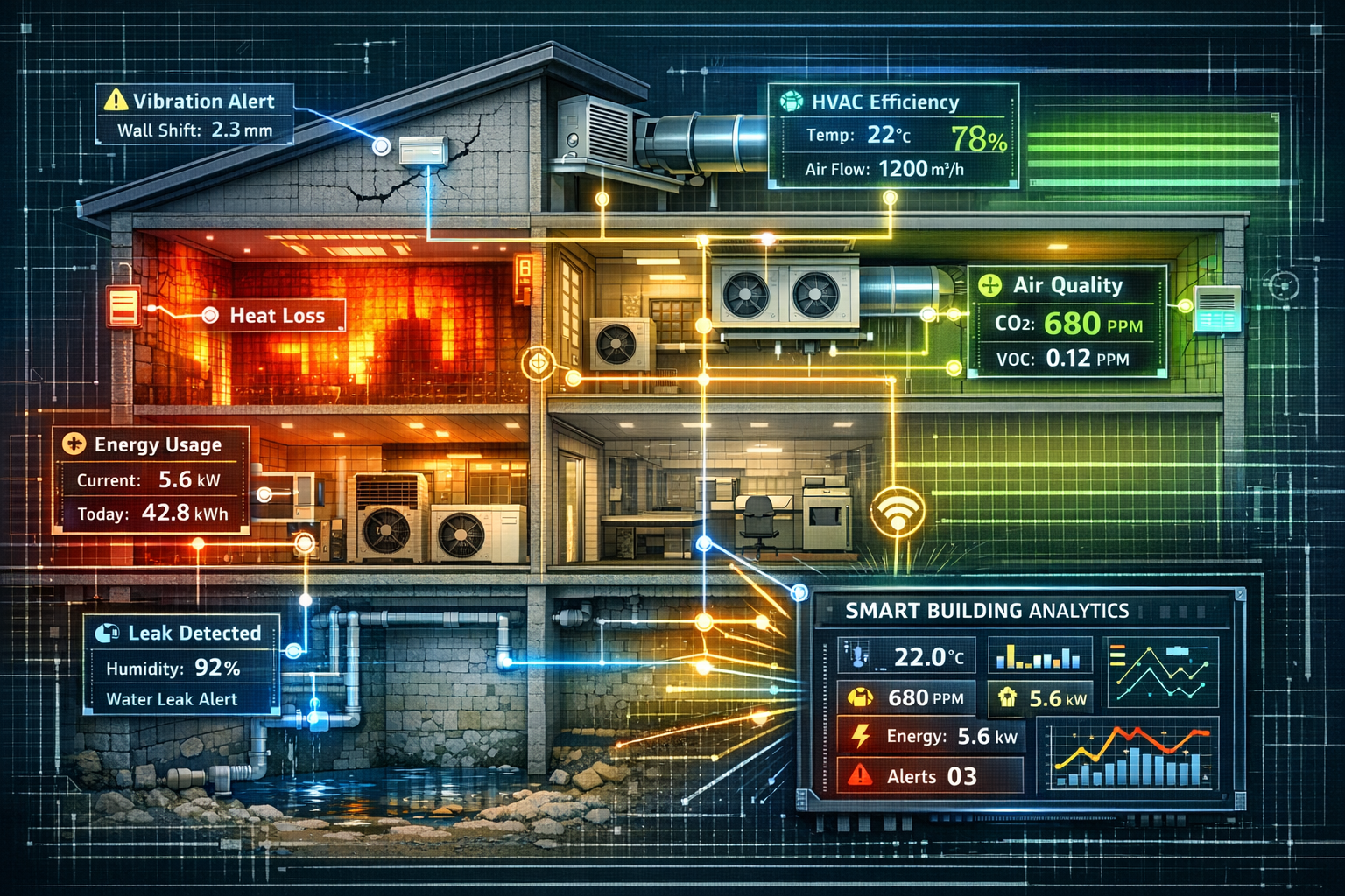 () detailed cutaway architectural illustration of a modern smart building showing multiple integrated technology systems for