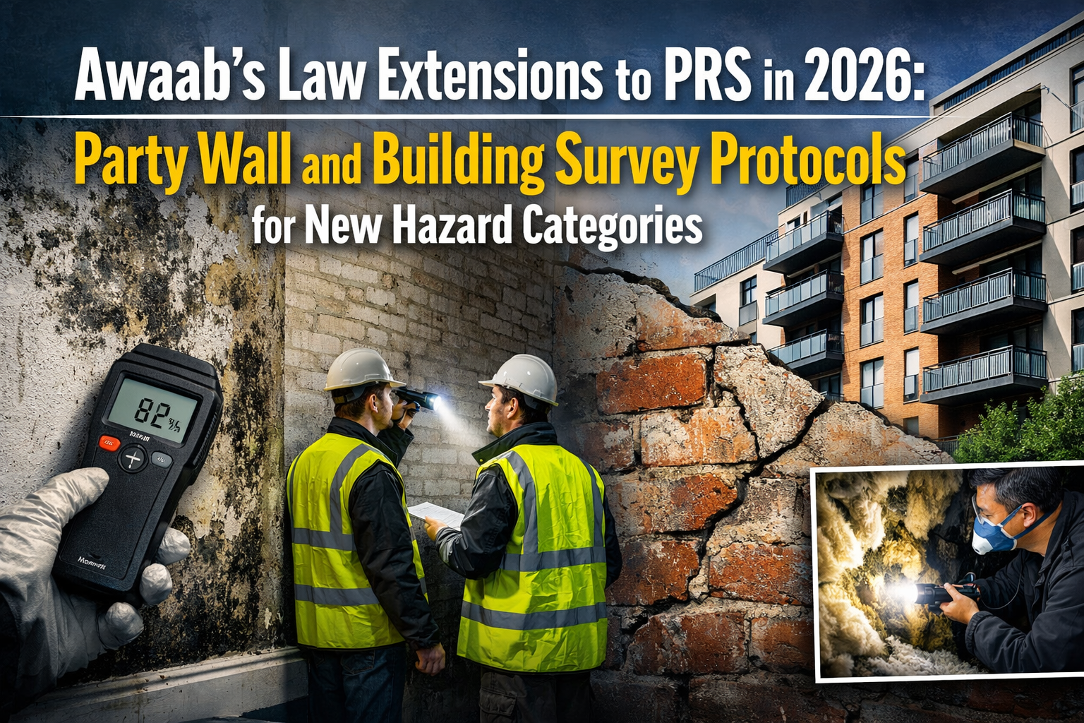 Professional landscape hero image () with : "Awaab's Law Extensions to PRS in 2026: Party Wall and Building Survey Protocols