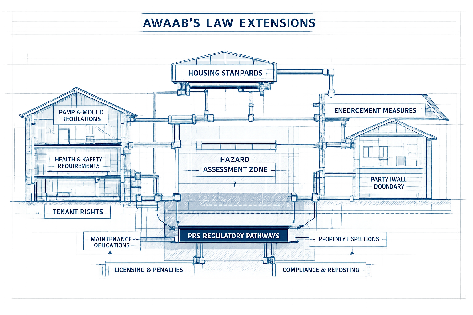 Technical architectural blueprint-style illustration depicting the legislative framework of Awaab's Law Extensions, showing