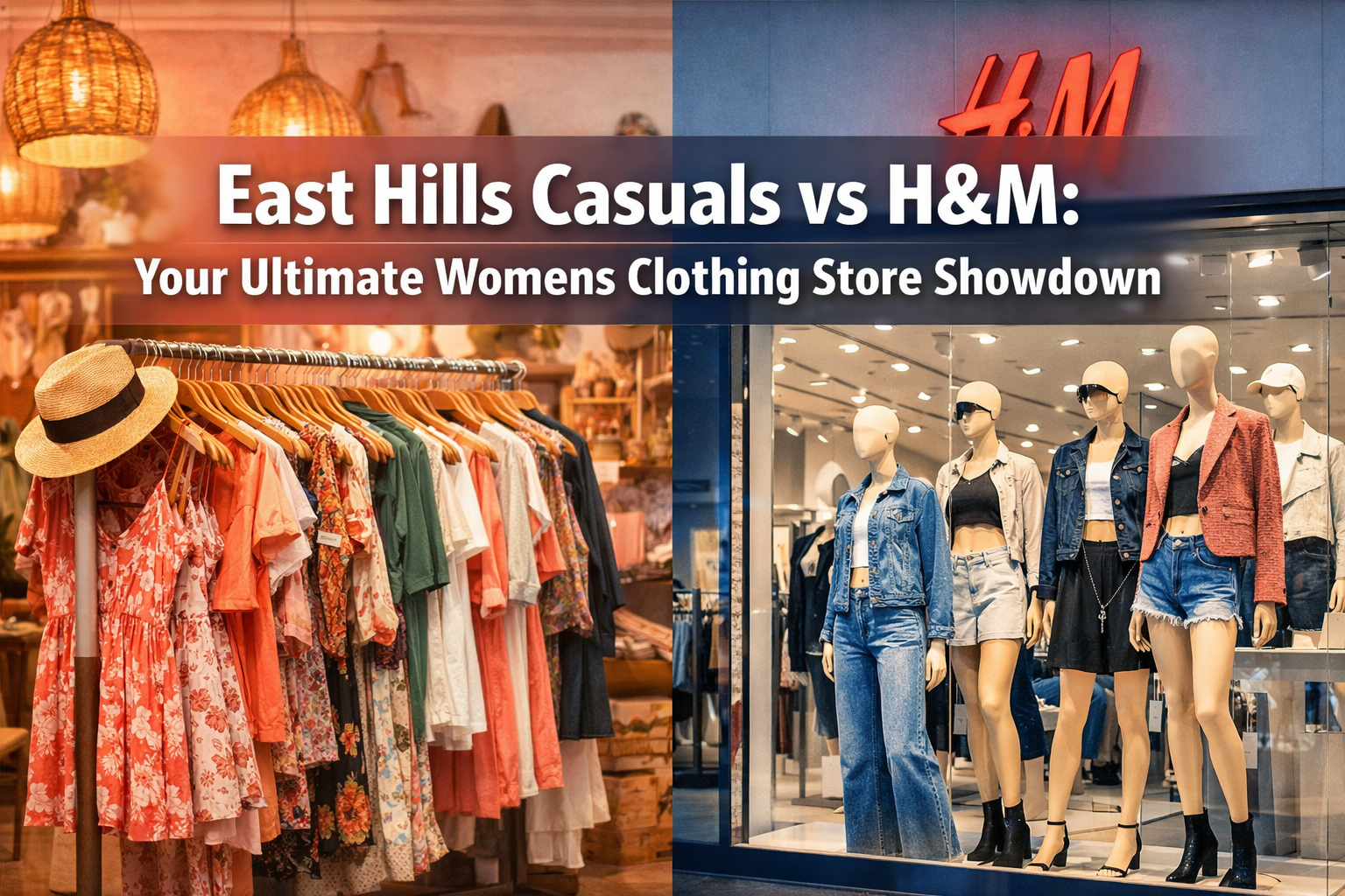 Professional landscape hero image (1536x1024) featuring bold text overlay 'East Hills Casuals vs H&M: Your Ultimate Womens Clothing Store Sh