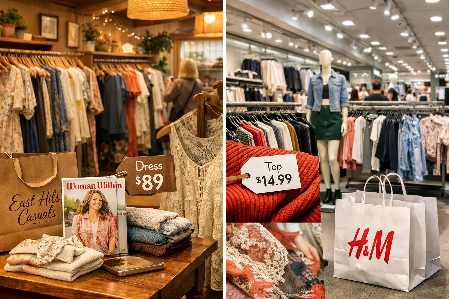 Detailed landscape editorial image (1536x1024) showing side-by-side comparison of womens clothing stores shopping experience. Left panel: co