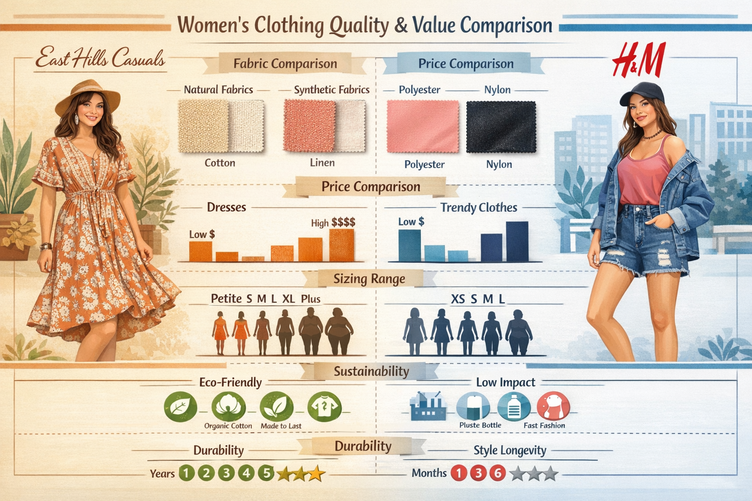 Comprehensive landscape infographic image (1536x1024) displaying detailed comparison chart of womens clothing quality and value factors. Vis