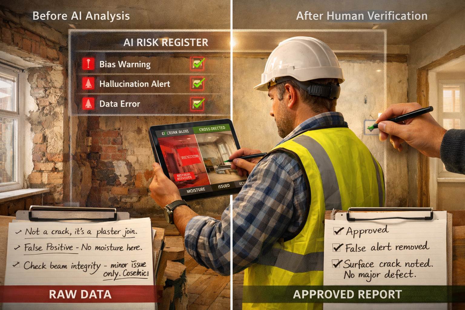 () conceptual illustration showing AI-assisted building survey workflow with human oversight emphasis. Scene depicts