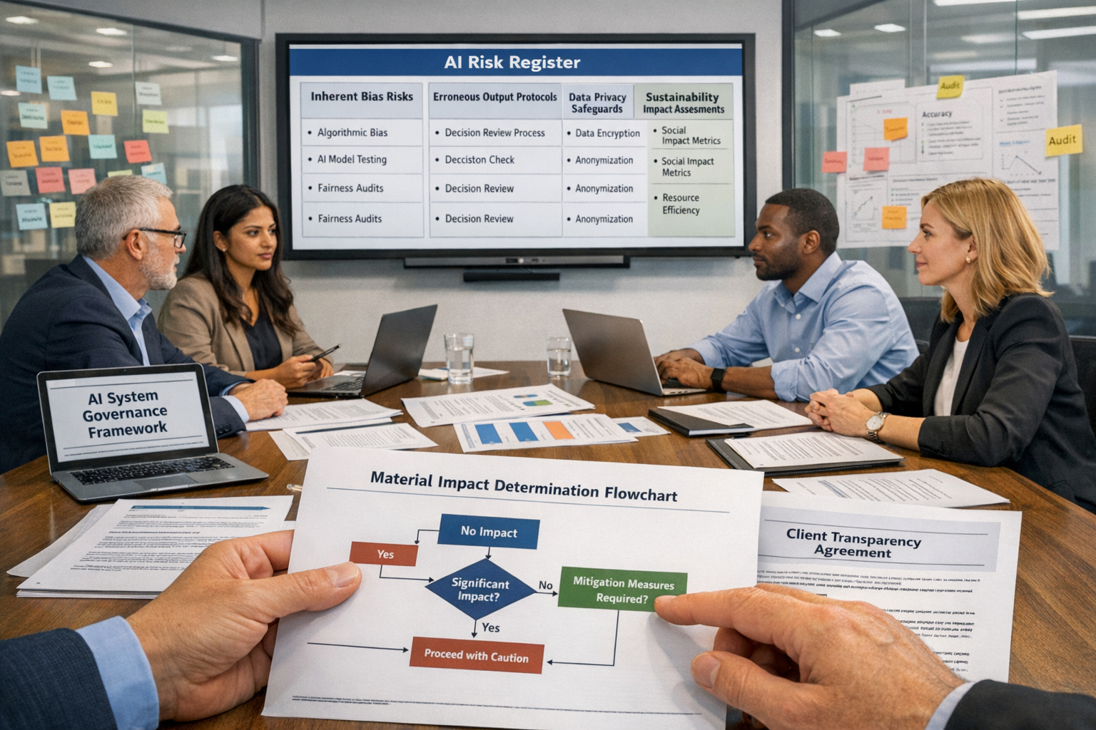 () modern office scene showing RICS-regulated surveying firm implementing responsible AI policies. Wide-angle view of
