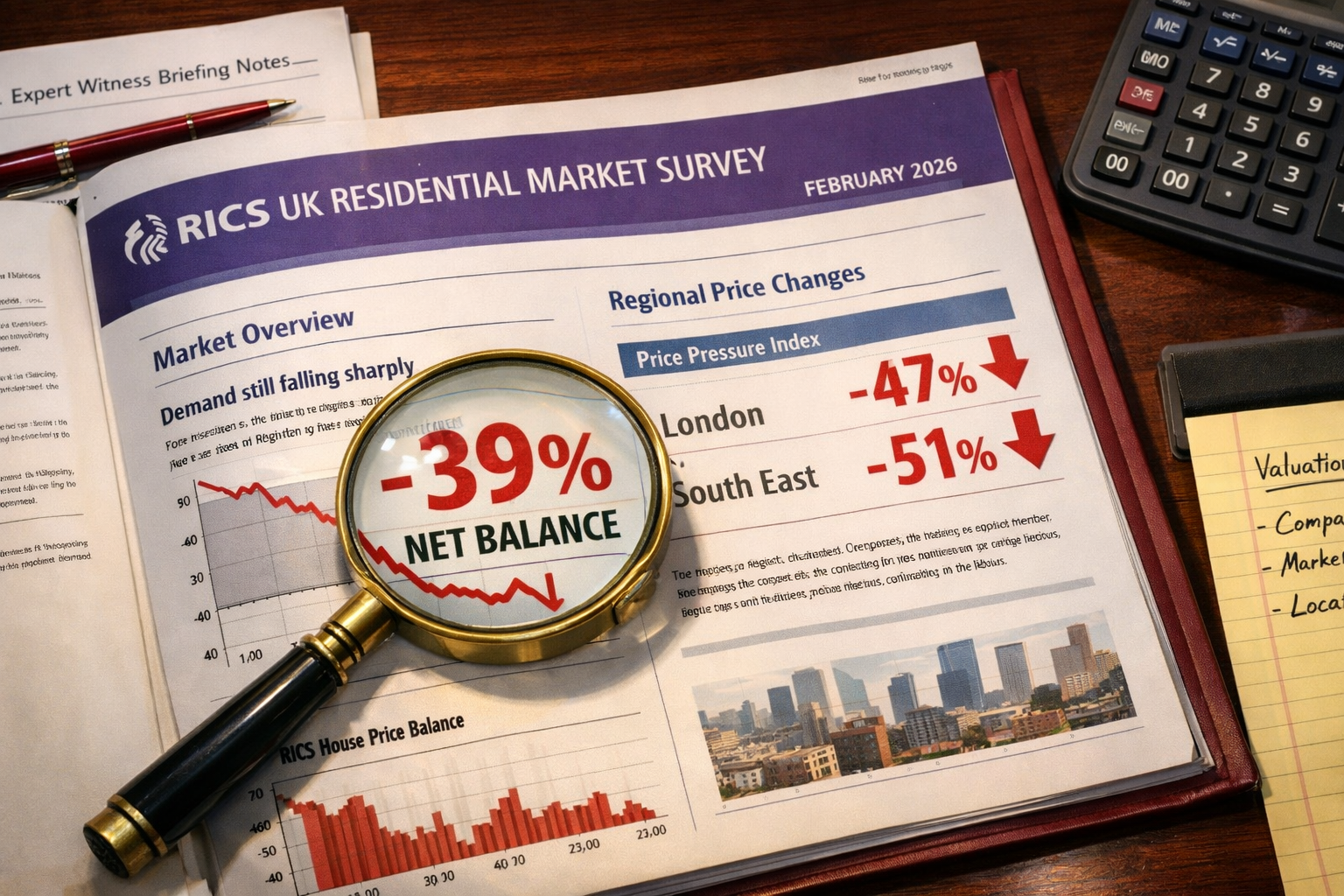 Detailed () image showing close-up of RICS February 2026 survey report spread across mahogany desk with highlighted