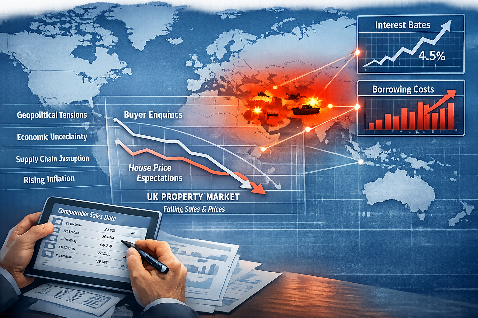 () conceptual illustration depicting geopolitical impact on property valuations: world map background with Middle East