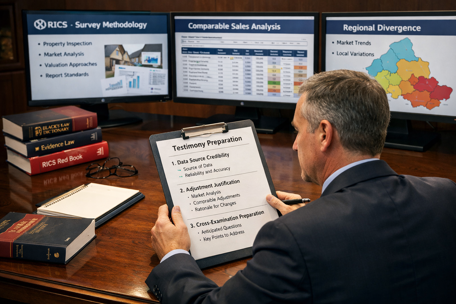 () courtroom scene showing expert witness testimony preparation: professional surveyor in business attire reviewing
