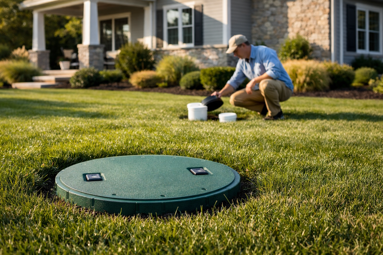 Professional landscape format (1536x1024) editorial quality image showing a well-maintained residential property with a septic tank access c