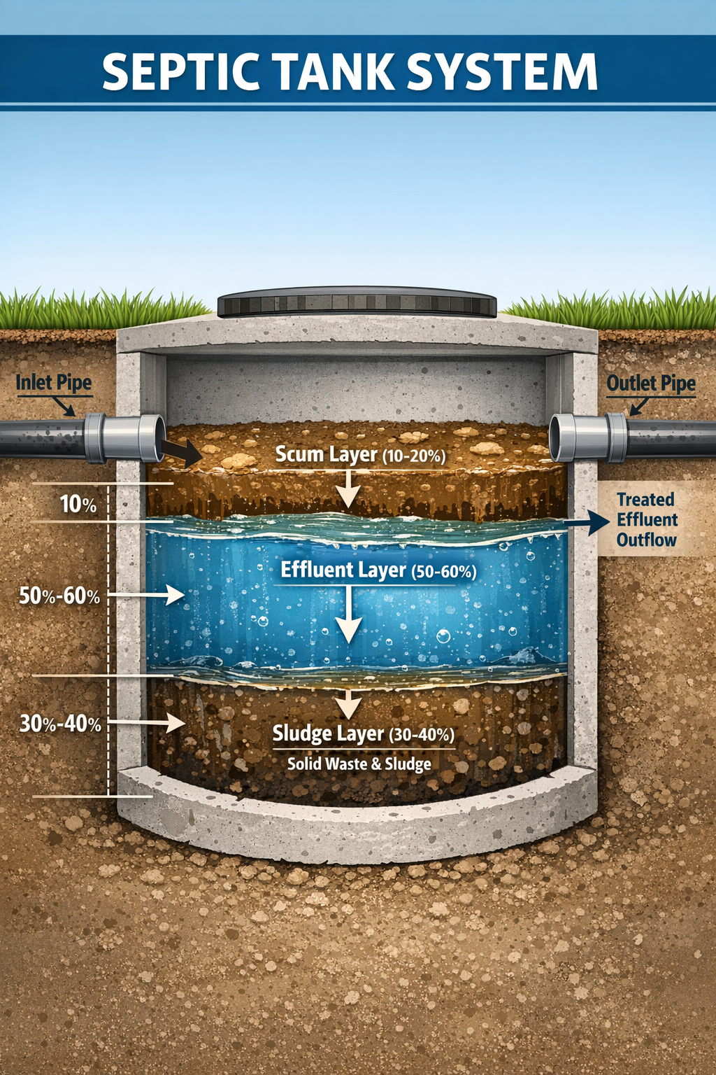 Portrait format (1024x1536) detailed infographic showing septic tank cross-section with clearly labeled components including inlet pipe, out