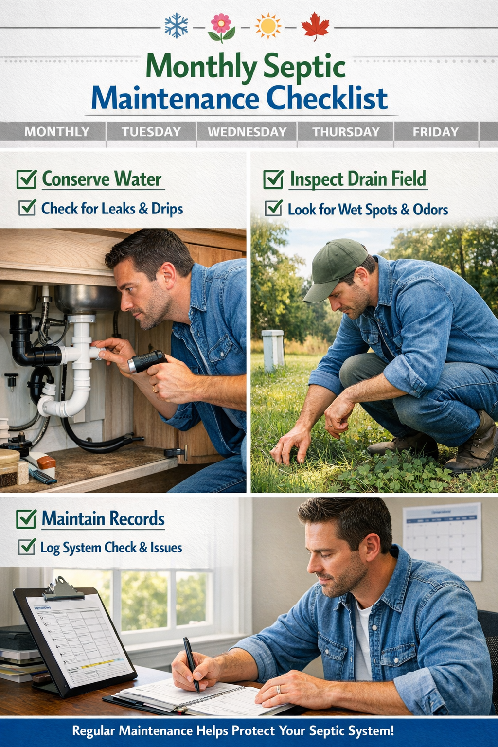 Portrait format (1024x1536) step-by-step visual checklist showing monthly septic maintenance tasks. Split-screen layout featuring homeowner 