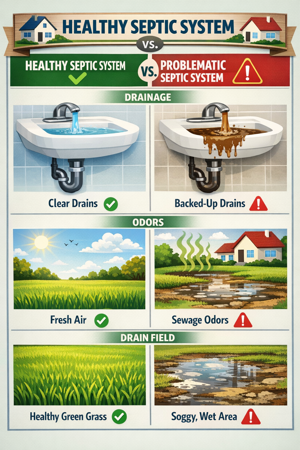 Portrait format (1024x1536) comparison chart showing signs of healthy versus problematic septic systems. Side-by-side visual elements includ