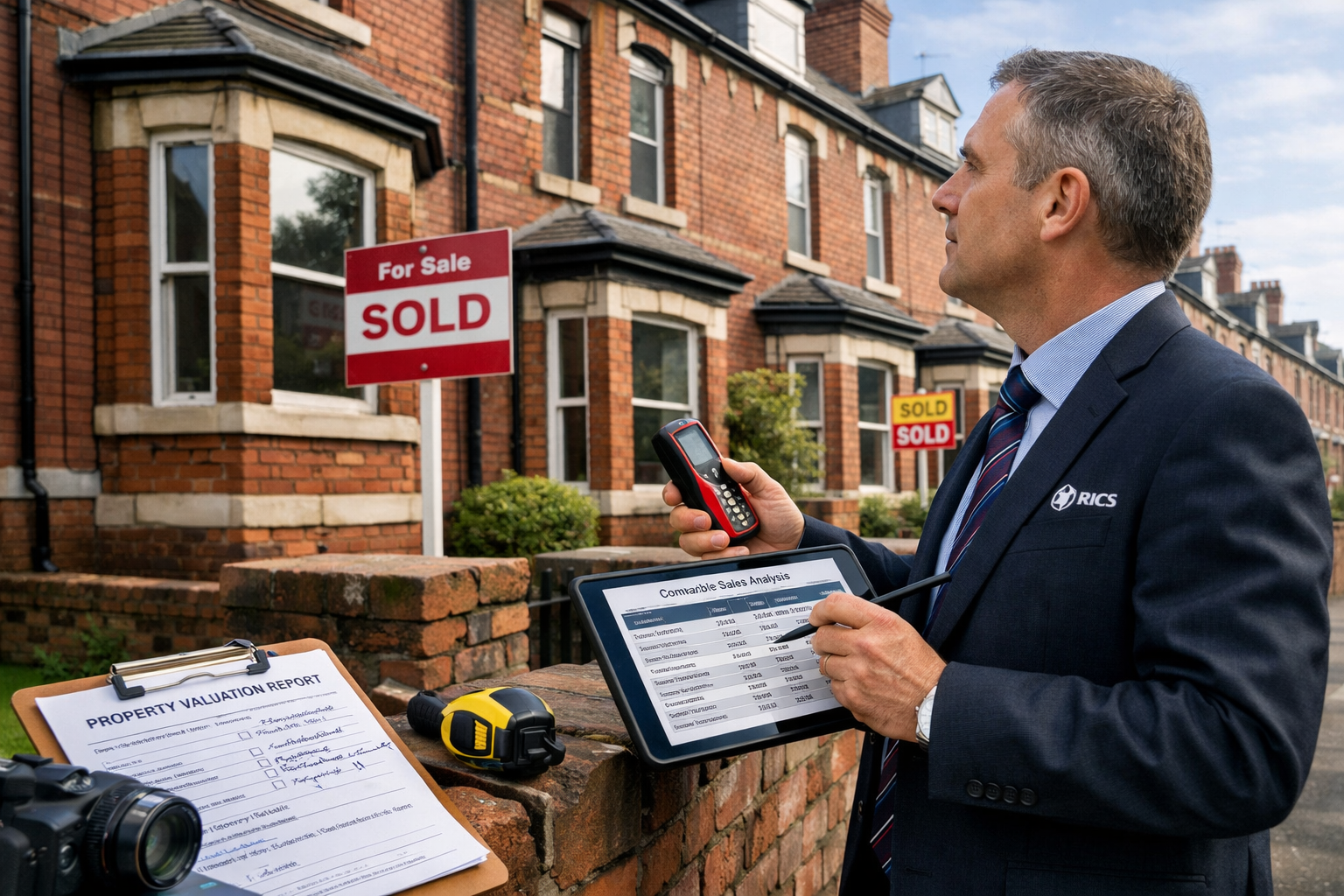 () professional scene showing RICS chartered surveyor conducting comparable sales analysis in Northern England property,