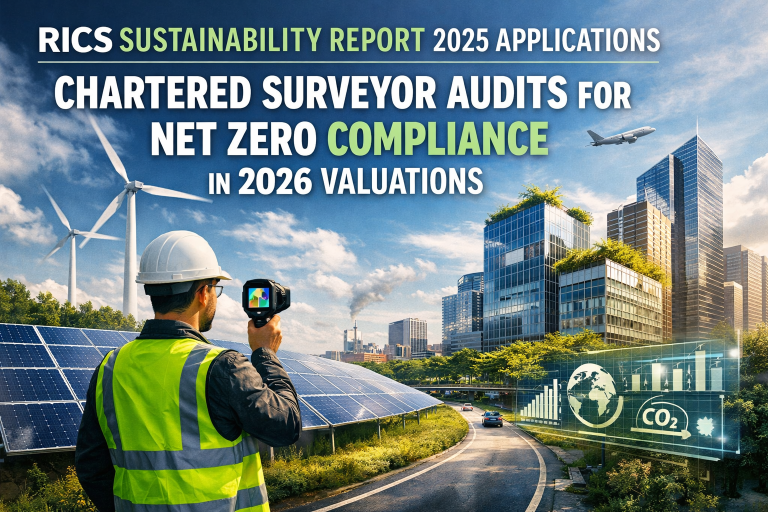 Professional landscape hero image () with : "RICS Sustainability Report 2025 Applications: Chartered Surveyor Audits for Net