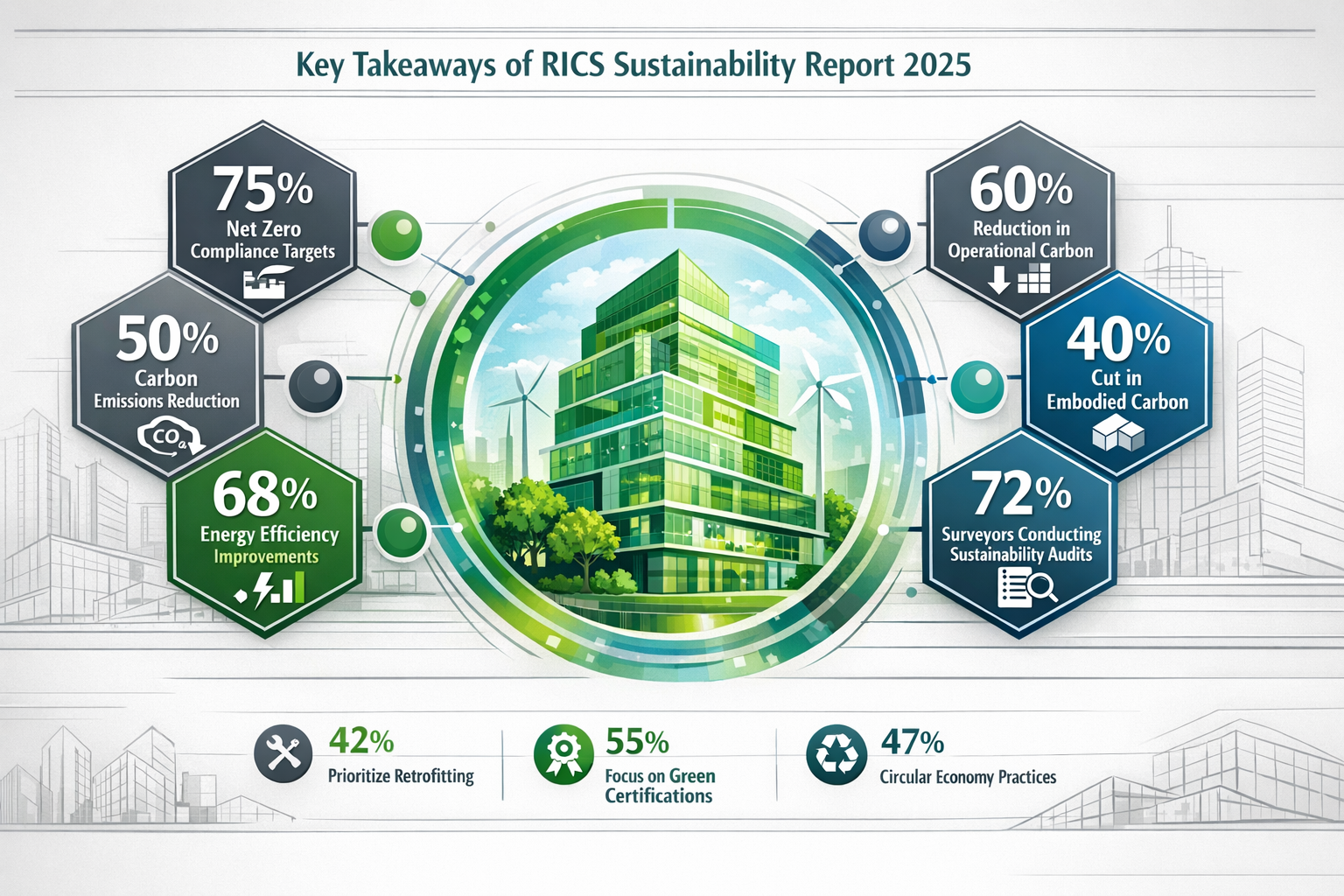 Comprehensive editorial-style infographic visualizing Key Takeaways of RICS Sustainability Report 2025, featuring