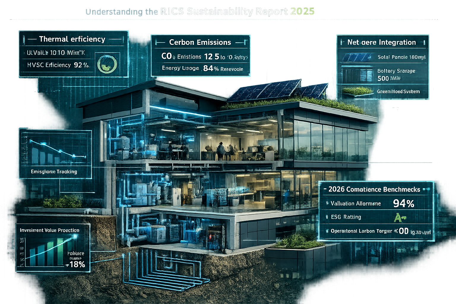 Technical architectural rendering depicting Understanding the RICS Sustainability Report 2025, showcasing a cutaway modern