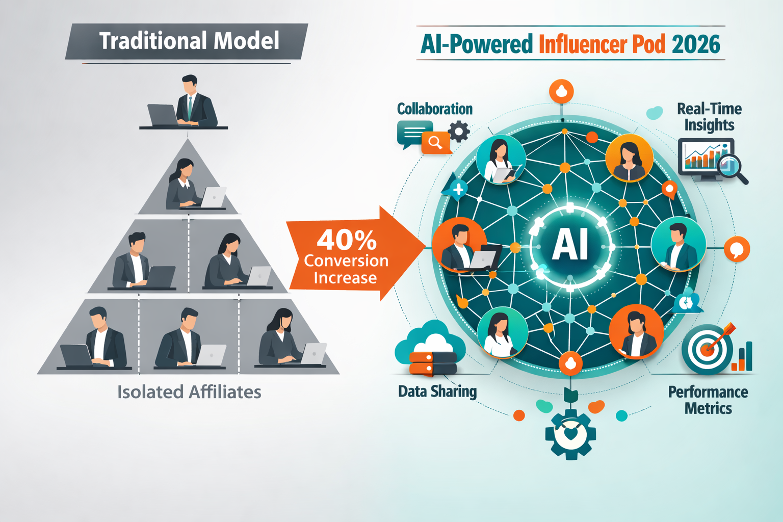 Landscape format (1536x1024) detailed infographic showing the transformation from traditional affiliate structure to influencer-pod model. L