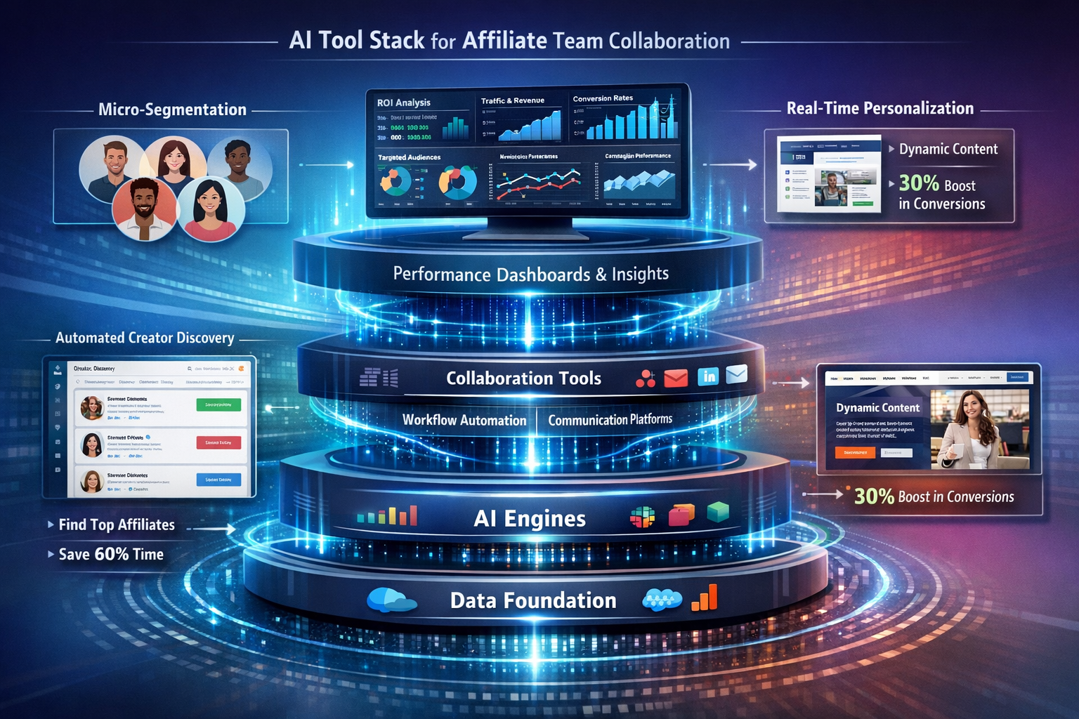 Landscape format (1536x1024) comprehensive visual showing AI tool stack ecosystem for affiliate team collaboration. Center displays layered 