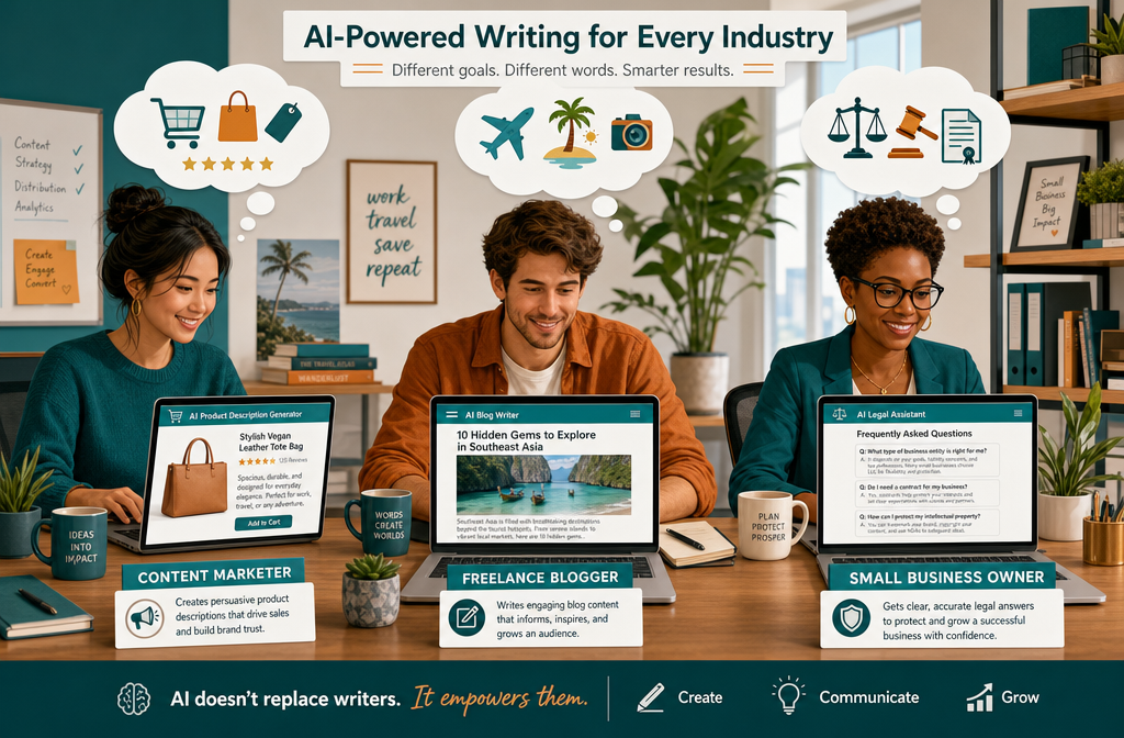 AI Writer Lifetime Deal Landscape format (1536x1024) conceptual illustration showing a diverse group of three professionals — a content marketer, a freelance blogger, and a small business owner — each seated at separate desks with laptop screens showing AI-generated content in different industries: e-commerce product descriptions, a travel blog, and a legal FAQ page. Above each person floats a thought bubble with industry icons. Warm, approachable office lighting, modern flat-illustration style with subtle depth, professional color palette of teal, warm orange, and white, editorial quality.
