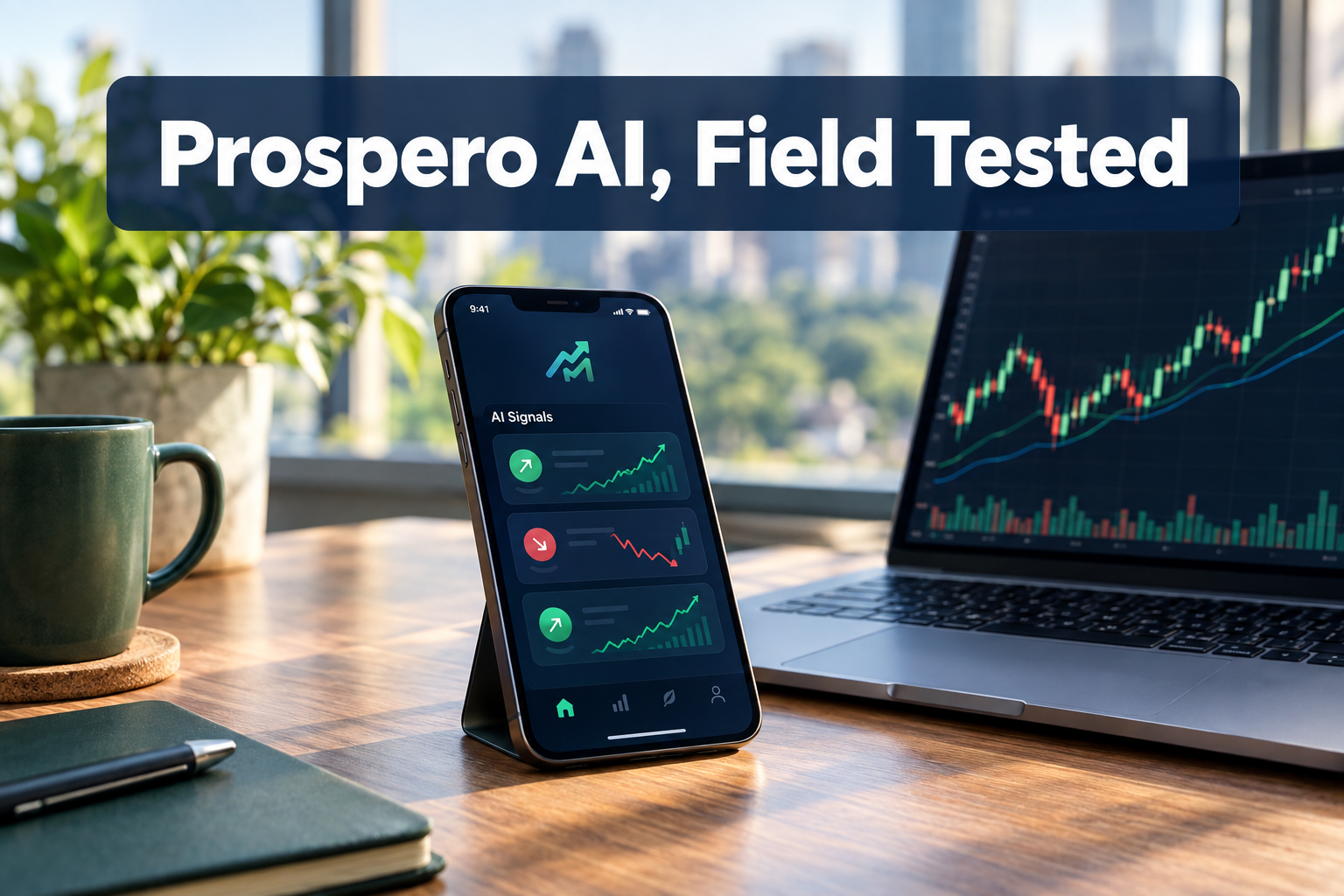 Editorial landscape hero image () for a finance product review. reading exactly 'Prospero AI, Field Tested' in crisp white