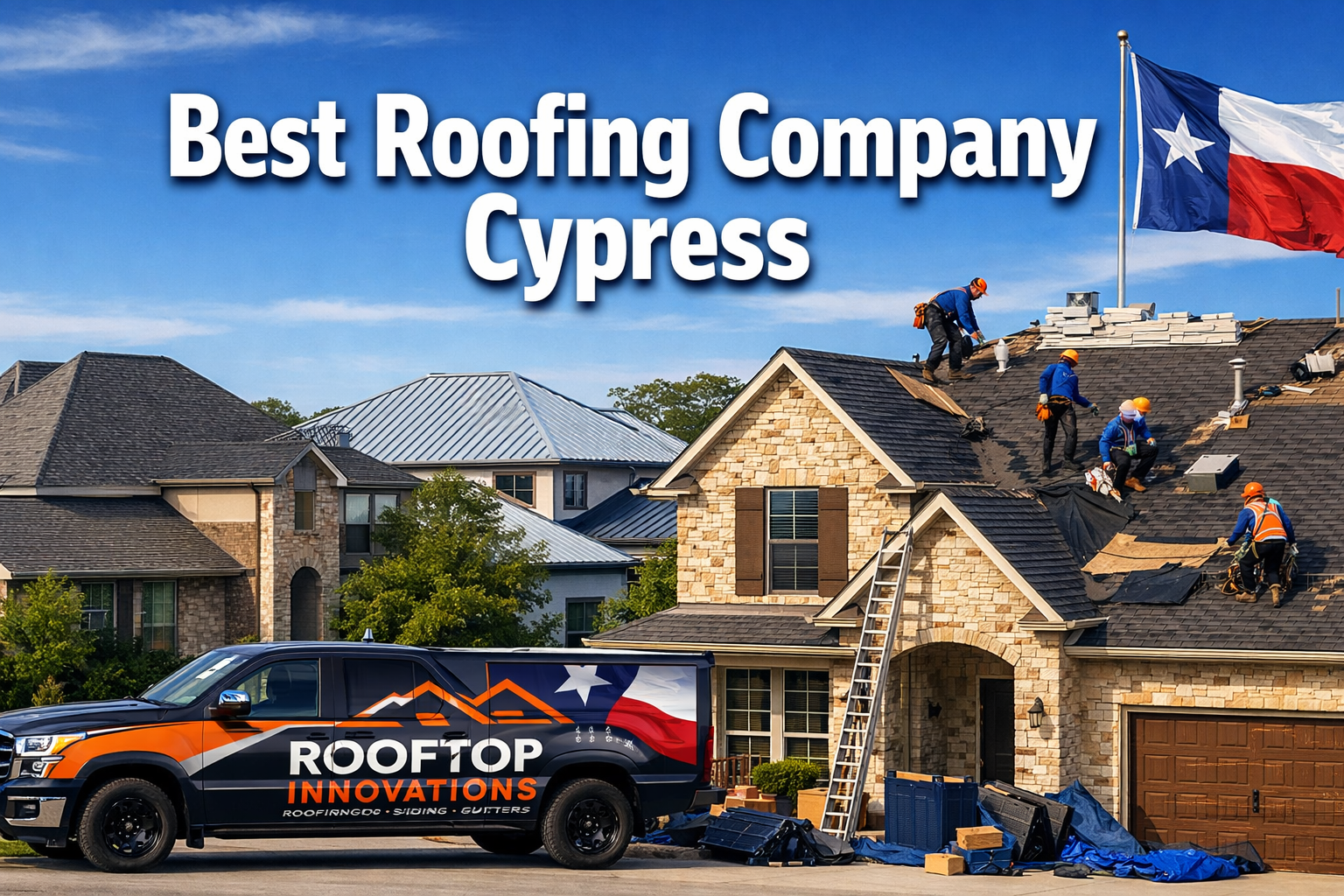 Professional landscape hero image (1536x1024) featuring bold text overlay 'Best Roofing Company Cypress' in extra large 70pt white sans-seri