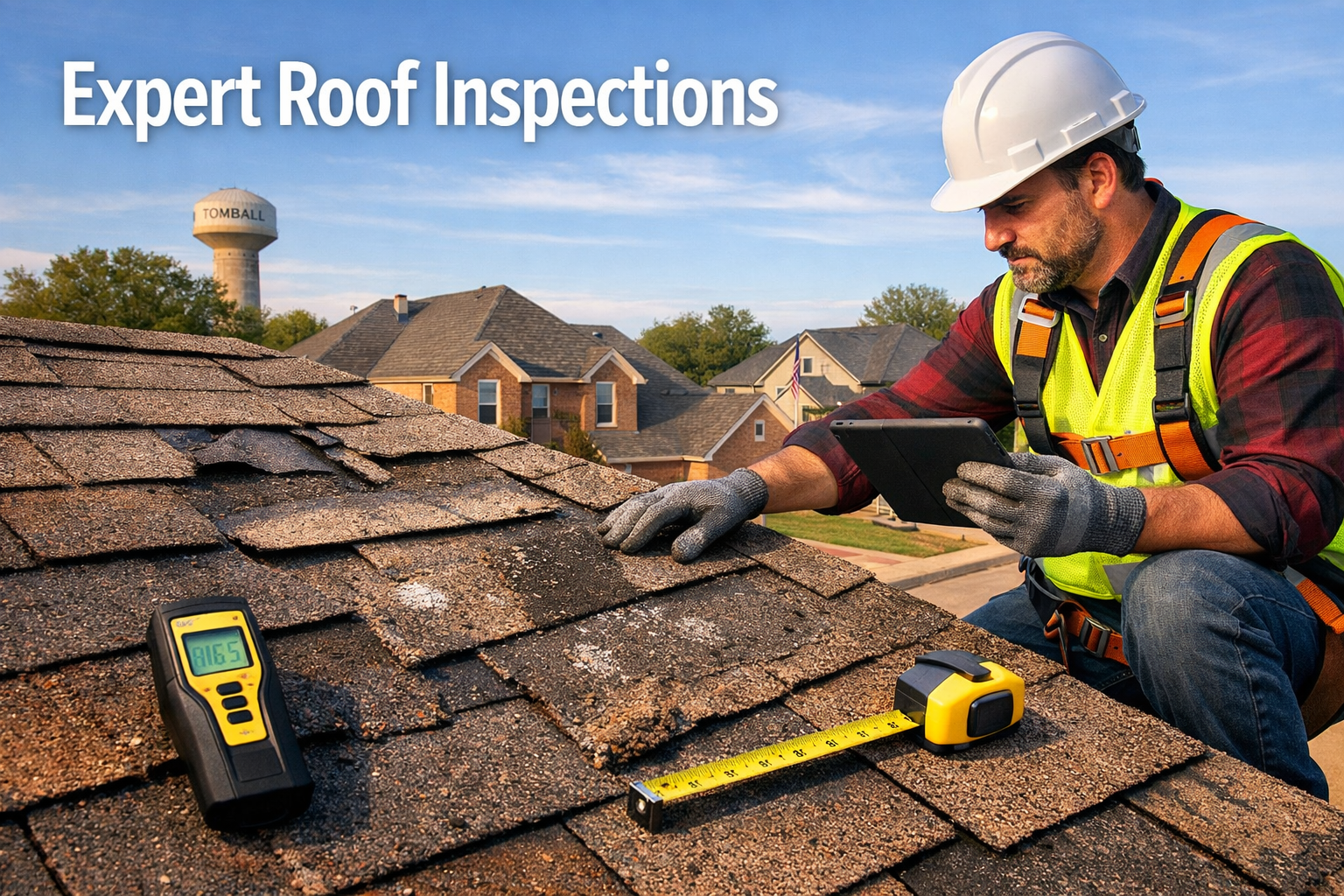 Detailed landscape image (1536x1024) showing professional roof inspection process in Tomball Texas neighborhood. Licensed roofer in safety g