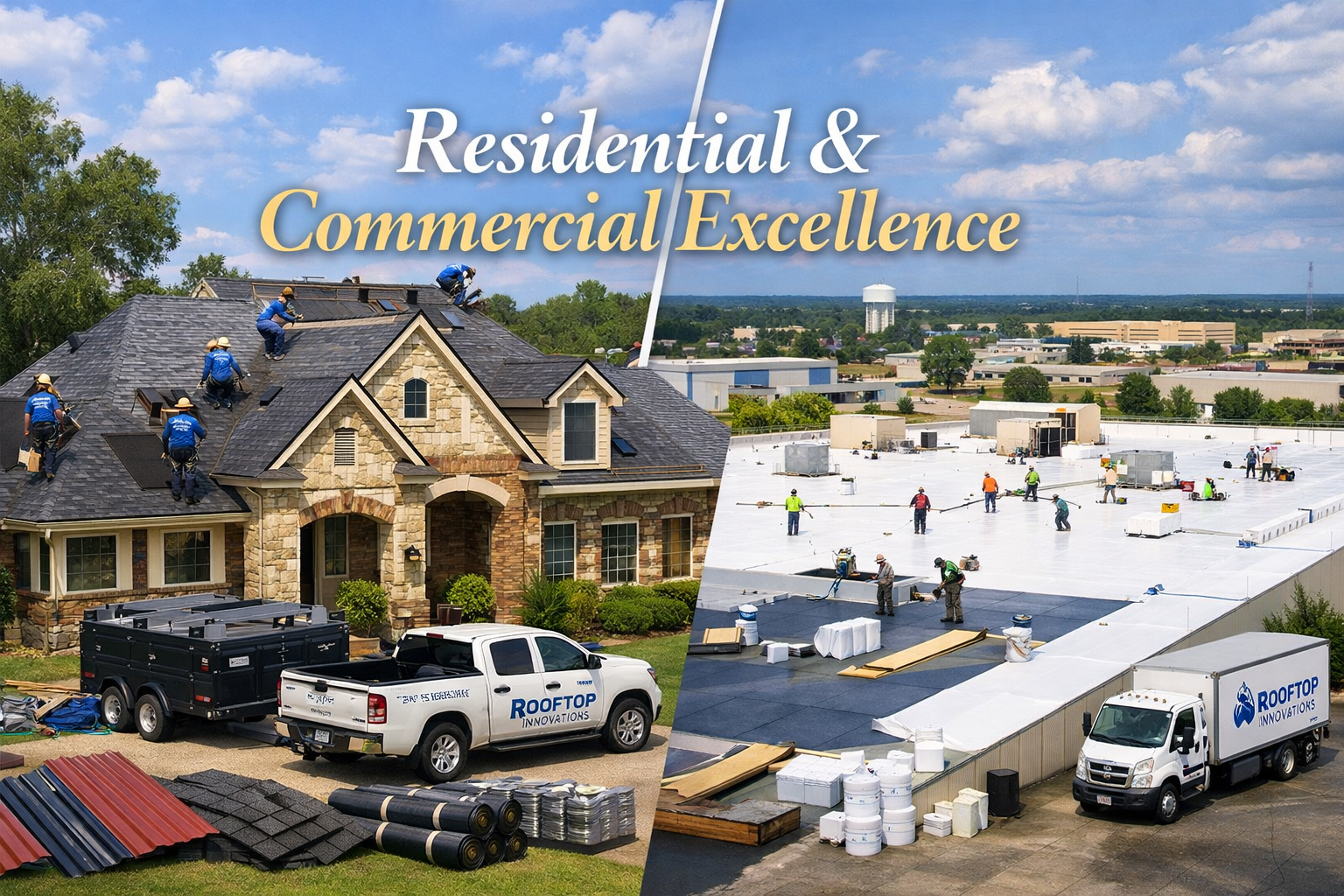 Comprehensive landscape image (1536x1024) displaying side-by-side comparison of residential and commercial roofing services in Tomball area.
