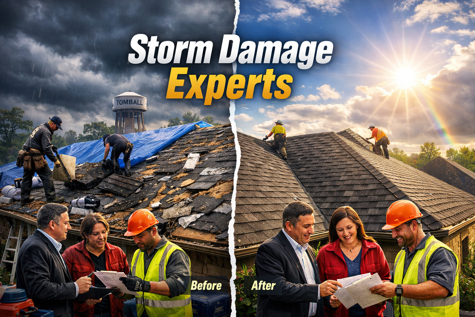 Dynamic landscape image (1536x1024) showcasing storm damage roof repair process in Tomball Texas. Before and after split-screen showing hail