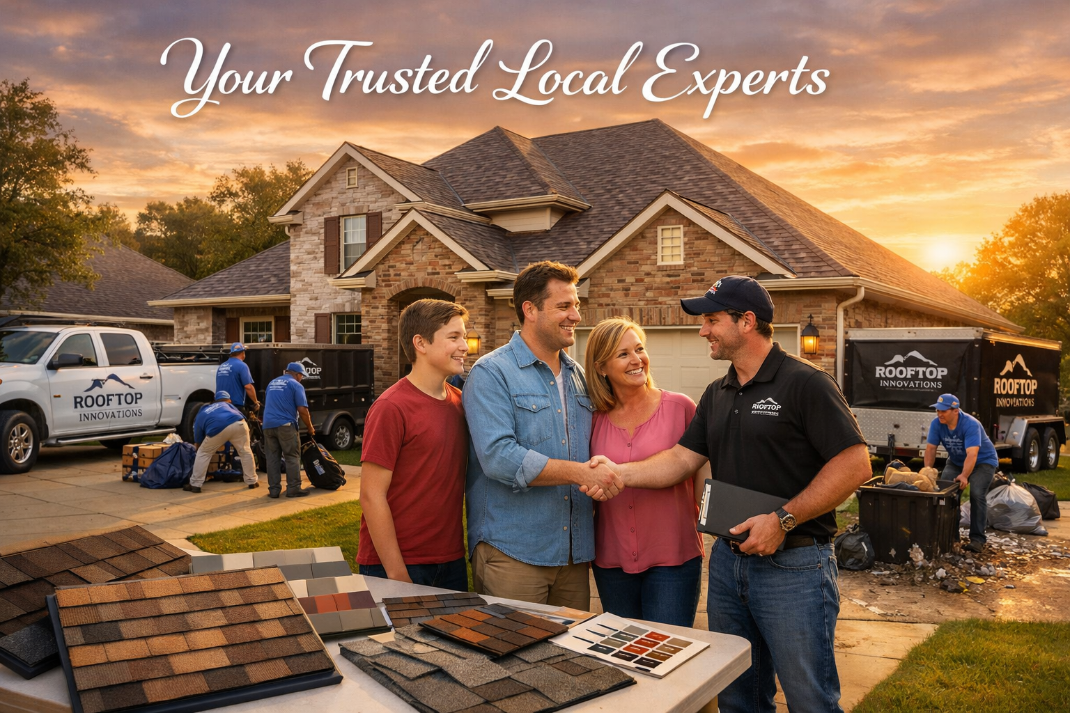 Inspiring landscape image (1536x1024) featuring satisfied Tomball homeowners standing in front of their newly completed roof replacement pro