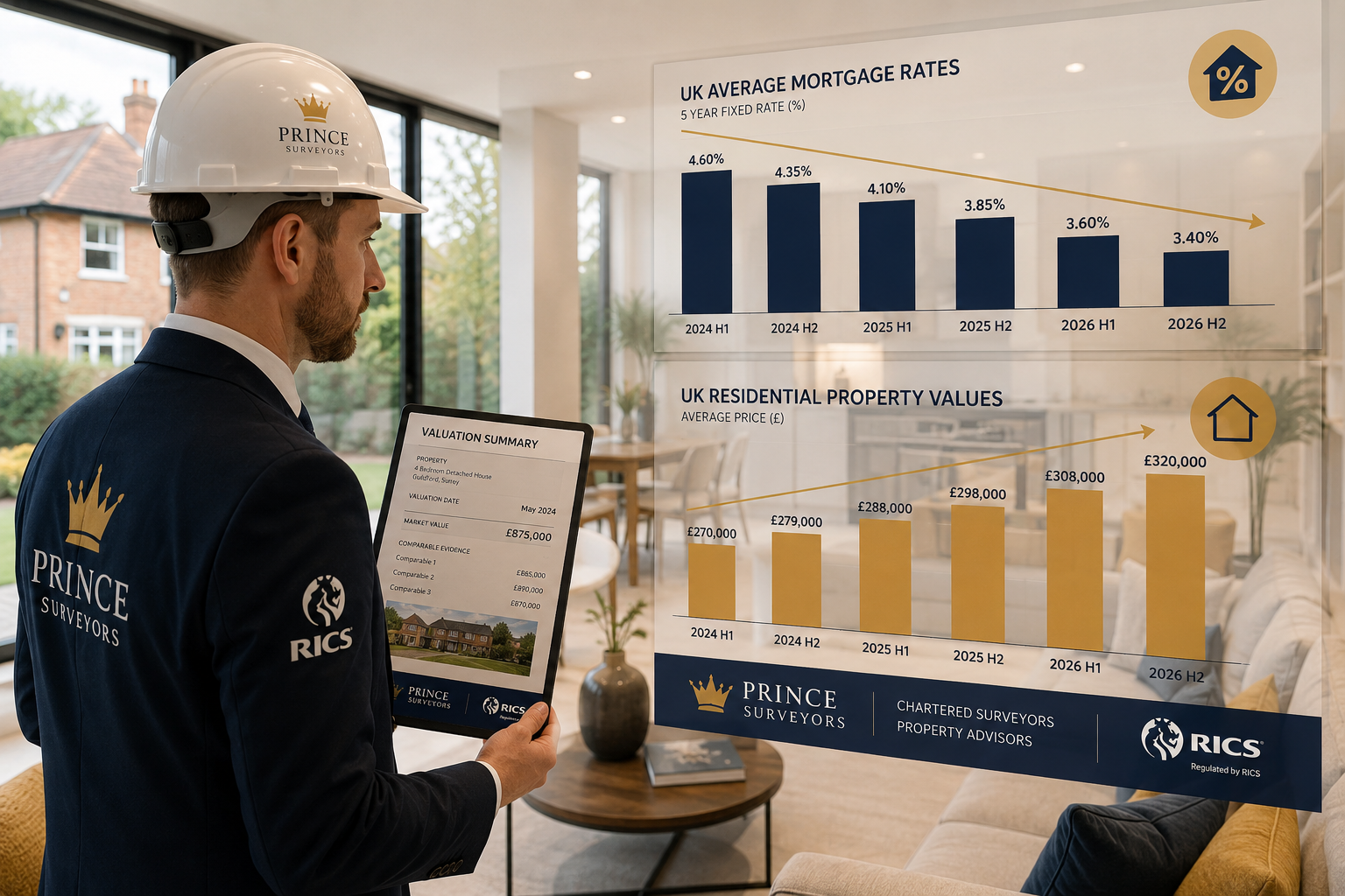 Detailed () infographic-style illustration showing a RICS chartered surveyor in a hard hat and suit standing inside a bright