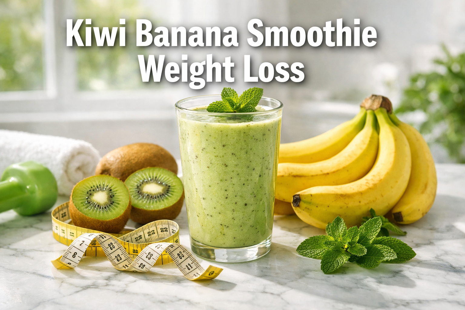 Professional landscape hero image (1536x1024) featuring bold text overlay 'Kiwi Banana Smoothie Weight Loss' in extra large 72pt white sans-