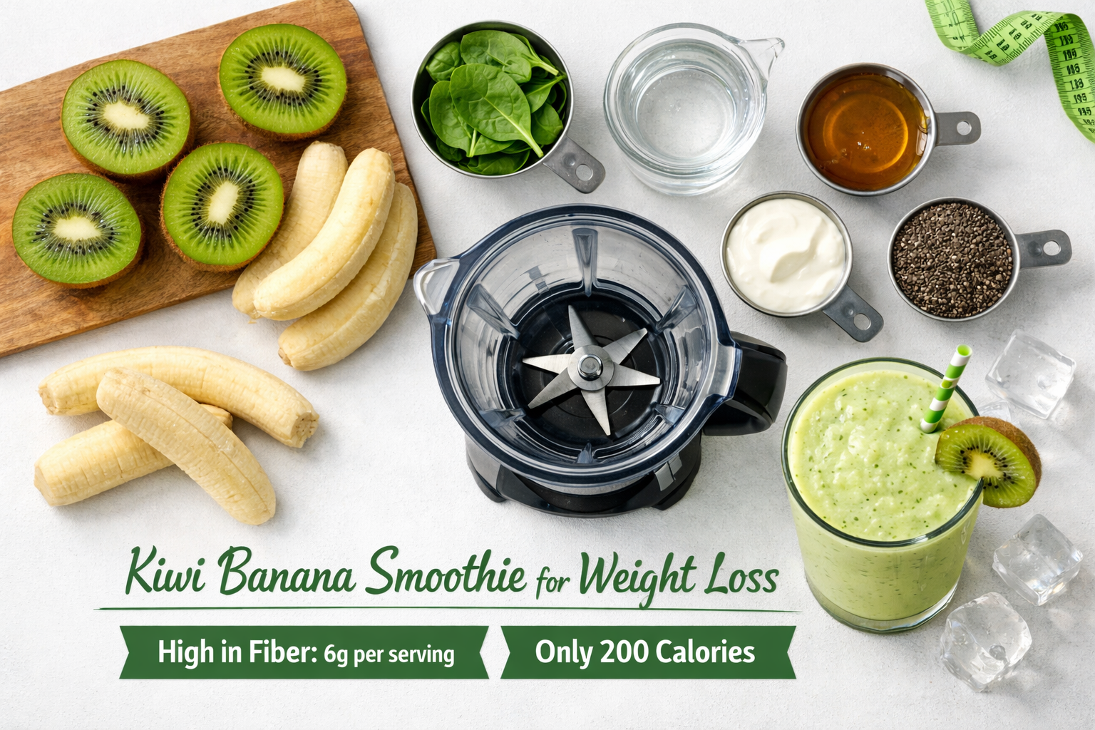 Detailed landscape image (1536x1024) showing step-by-step kiwi banana smoothie preparation for weight loss, overhead flat lay composition wi