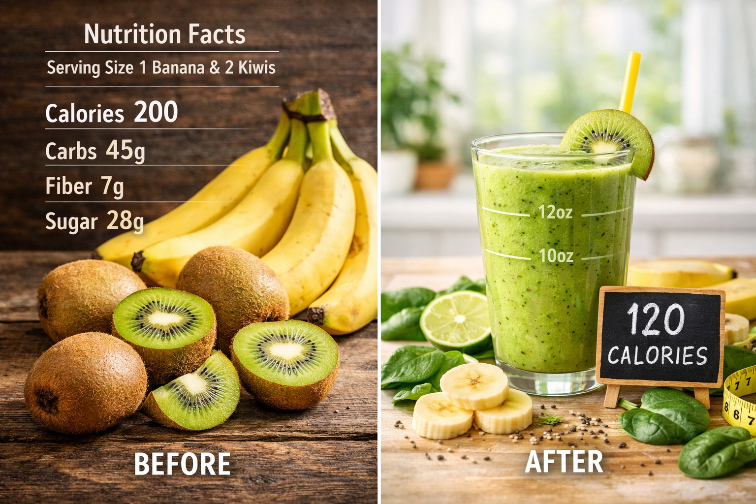 Professional landscape image (1536x1024) displaying kiwi banana smoothie weight loss success elements, split composition showing before/afte