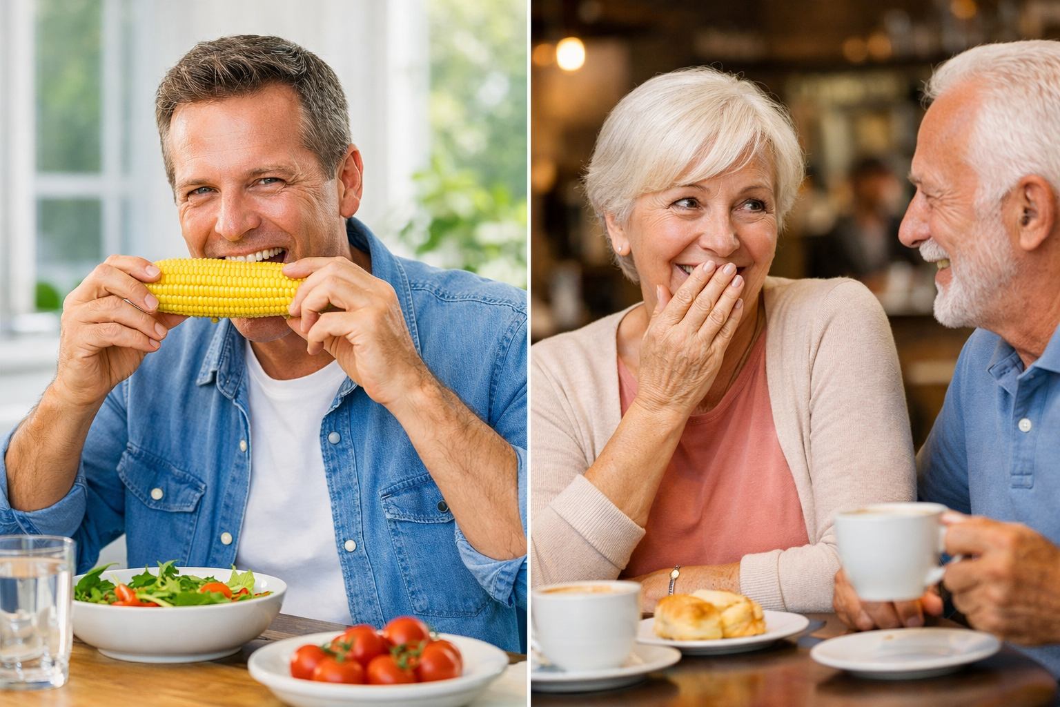 () image depicting two contrasting lifestyle scenes. On one side, a person confidently biting into an apple or corn on the