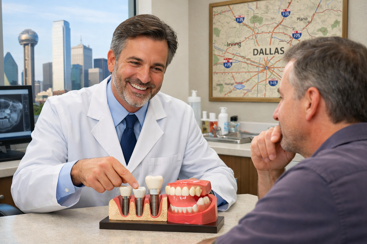 () image of a professional dental consultation in Dallas. A friendly, reassuring dentist in a white coat is speaking to a