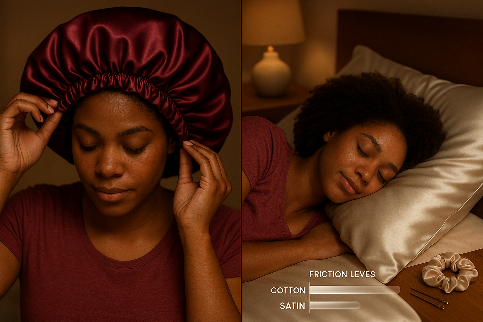 Wat kan ik doen tegen droog kroeshaar? Complete Gids voor Gezond en Gehydrateerd Haar 1 Professional landscape image (1536x1024) depicting nighttime hair protection routine for kroeshaar. Split-screen composition showing left si