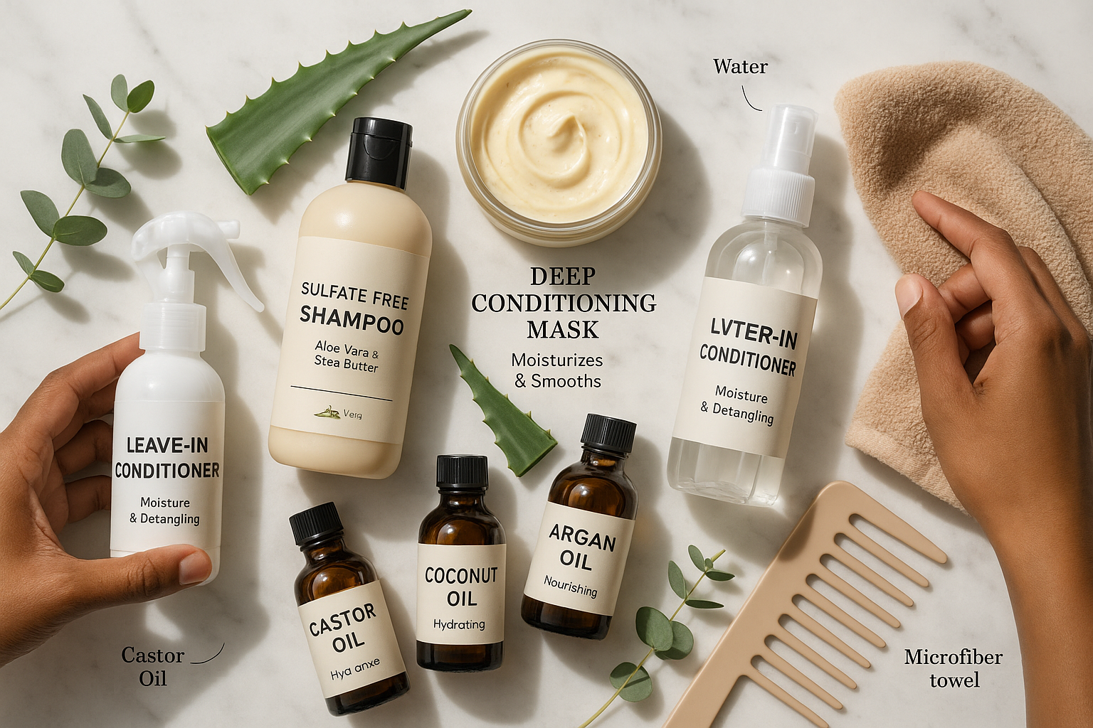 Wat kan ik doen tegen droog kroeshaar? Complete Gids voor Gezond en Gehydrateerd Haar 2 Landscape image (1536x1024) showing natural hair care product arrangement for droog kroeshaar treatment. Flat lay composition on marble surf