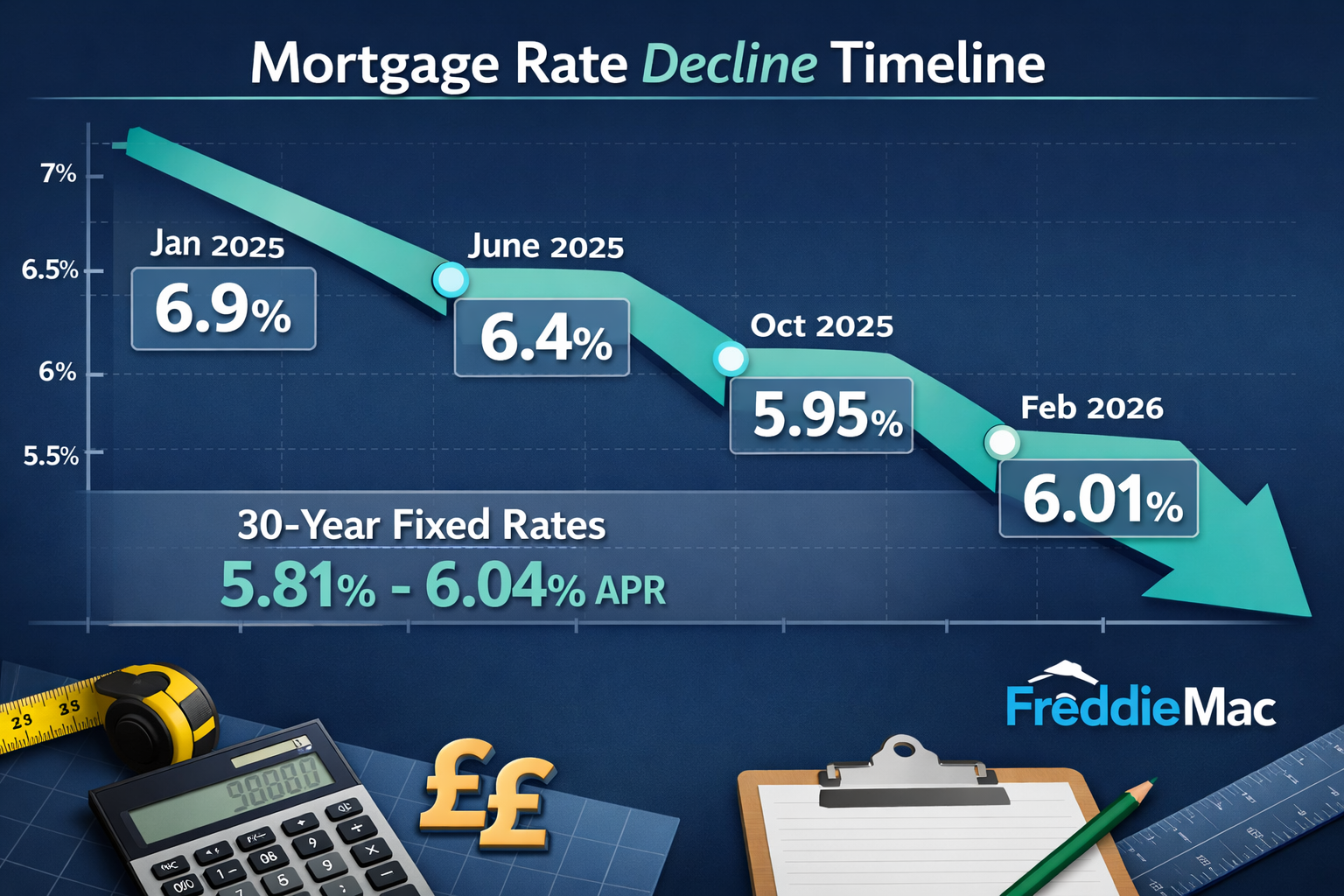 Landscape format (1536x1024) detailed infographic showing mortgage rate decline timeline from January 2025 to February 2026, large downward 