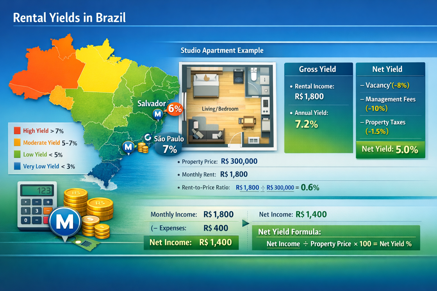 Landscape format (1536x1024) infographic-style image showing comparative rental yield map of Brazil with color-coded regions. São Paulo, Sal