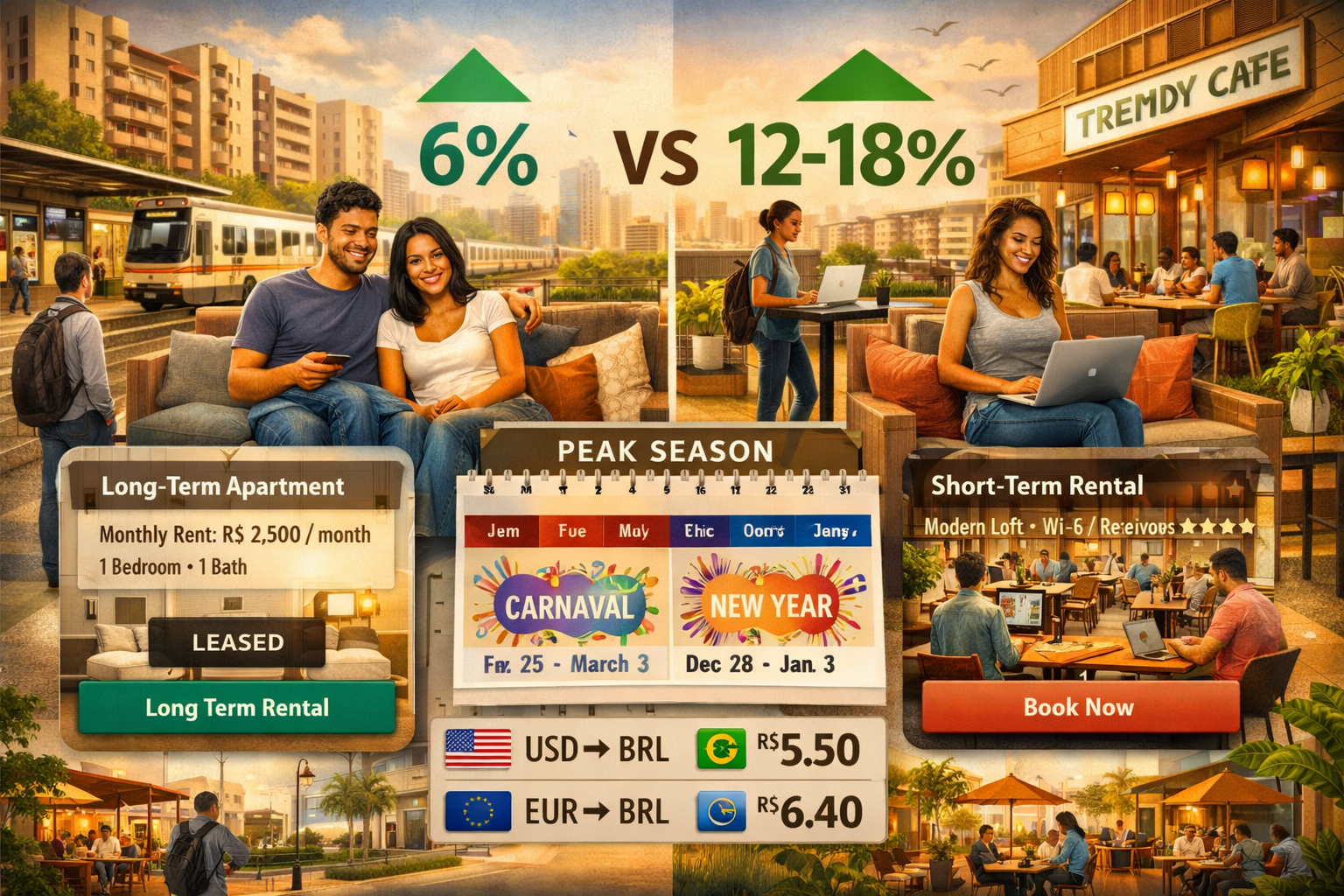 Landscape format (1536x1024) conceptual image depicting mixed-use development strategy in Brazilian secondary city. Split-screen composition